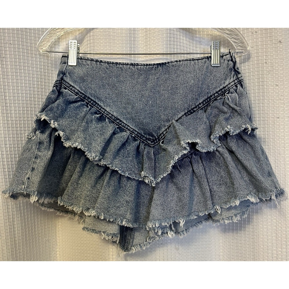 Denim Raw Hem Ruffled Mini Skirt Stone Washed XS Side Zip Boho Hippie Y2K